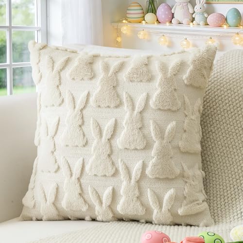 OTOSTAR Cream Beige Bunny Easter Throw Pillow Cover 20x20 Plush Faux Fur