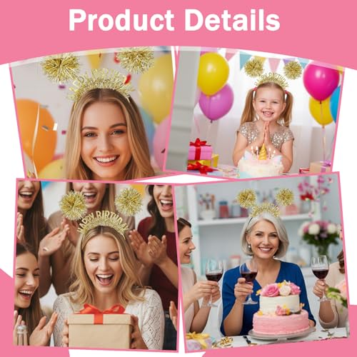 Happy Birthday Headband Pom Pom Tiara Crown for Girls and Women
