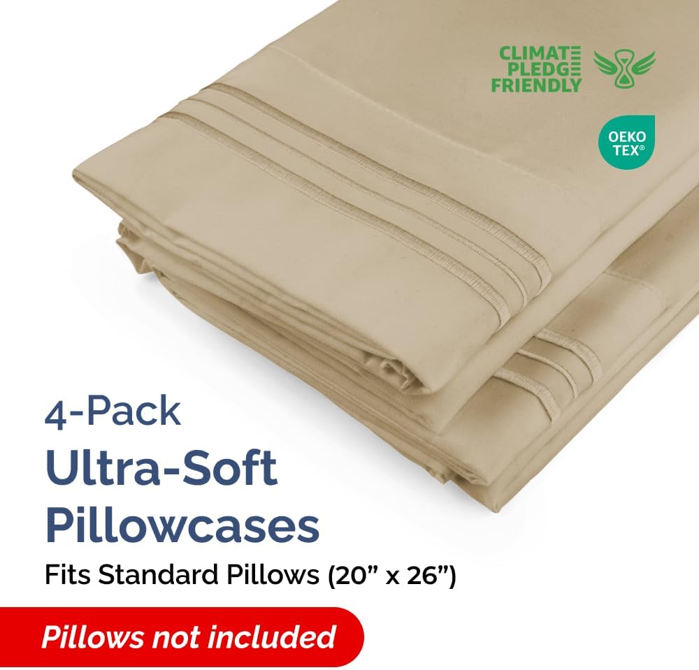Skiennix Standard Pillow Cases Set of 4 - Ultra Soft Hotel Quality Covers - Machine Washable Beige