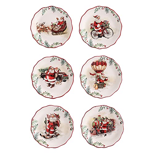 Santa On The Way Scalloped Christmas Appetizer Plates Set of 6 - Holiday Party Decor