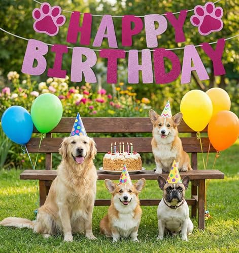 Paw Print Dog Birthday Banner - Rose Red Party Decorations 9.8ft
