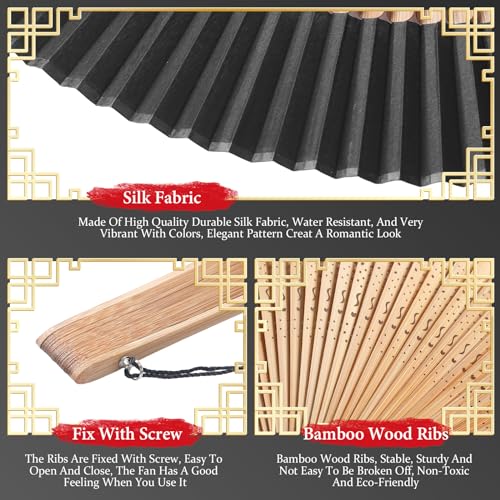 Boao 2 Pcs Vintage Bamboo Silk Folding Hand Fans with Sleeves