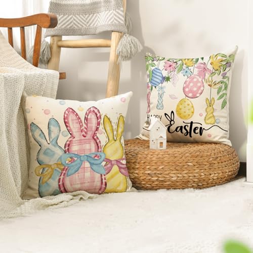 Happy Easter Rabbit Pillow Covers 18x18 Inch Set of 4 - Bunny Kisses & Eucalyptus