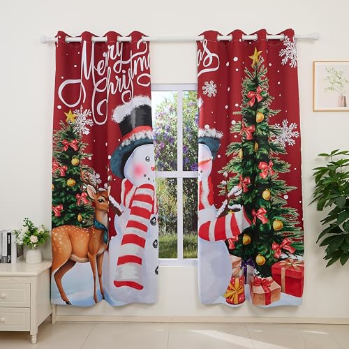 Christmas Snowman Blackout Curtains for Living Room 52x84 Inches - Red White, Pack of 2