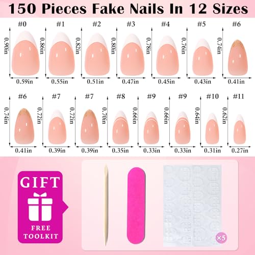 French Tip Short Almond Press on Nails with Glitter, 150 Pcs Nude Fake Nails
