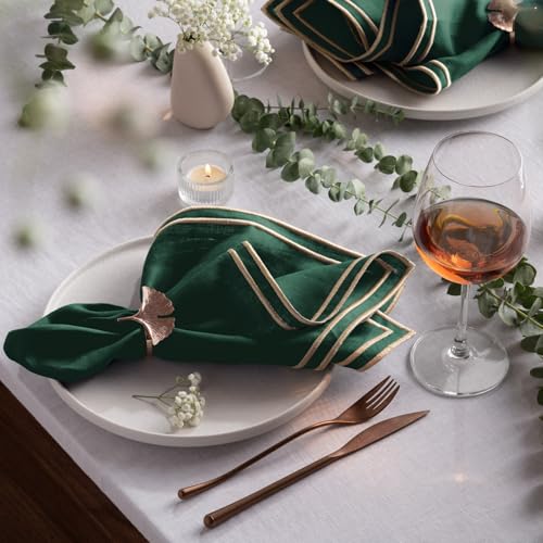 Green Linen Napkins Set of 4 - 20x20 Inch Embroidered Gold Edge - Washable