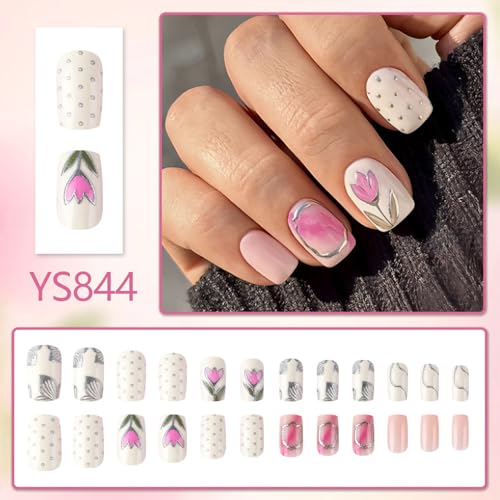 Short Square Floral Press on Nails with Silver Polka Dots (24 Pcs)