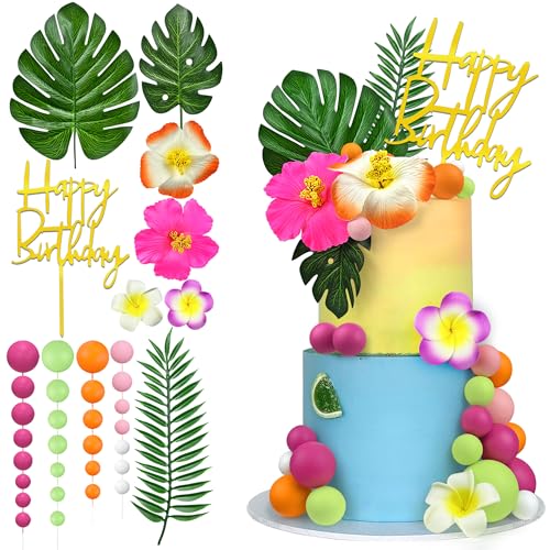 37pc Hawaiian Flower Cake Topper Set, Rose Orange Summer Party Decoration