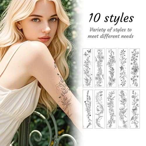 Floral Temporary Tattoos 10 Sheets Waterproof Fake Body Art