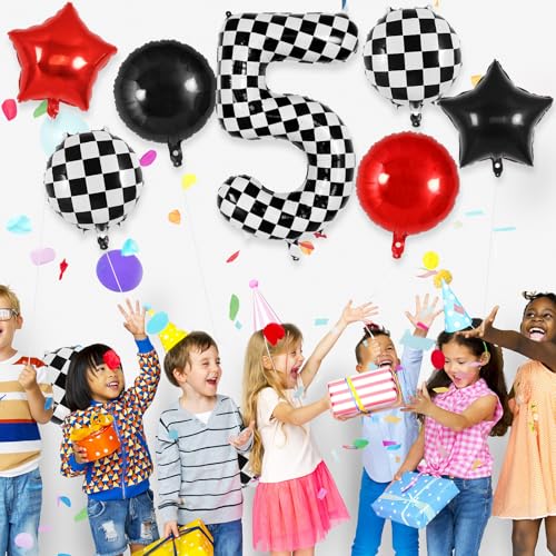 Checkered Number 5 Balloon - 40 Inch Foil Race Car Decoration