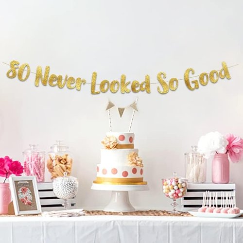 Gold Glitter Banner by Pre-Strung | 80th Birthday Decorations for Men & Women - Perfect Party Supplies