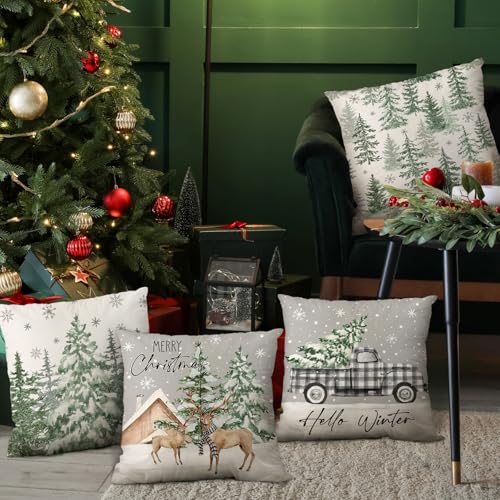 MEHOFOND Green Winter Christmas Pillow Covers Set of 4 - 18x18