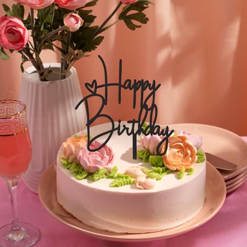 2pcs Pink & Black Happy Birthday Cake Toppers - Acrylic Decorations