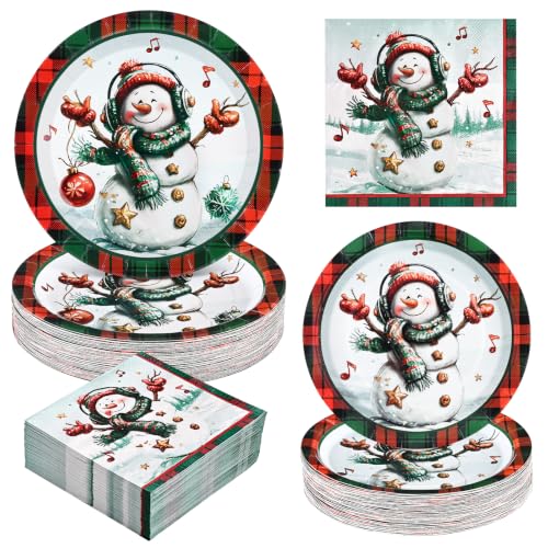 Christmas Disposable Paper Plates and Napkins Set - Snowman & Festive Design, Heavy Duty 9-Inch Dinnerware for Holiday Parties