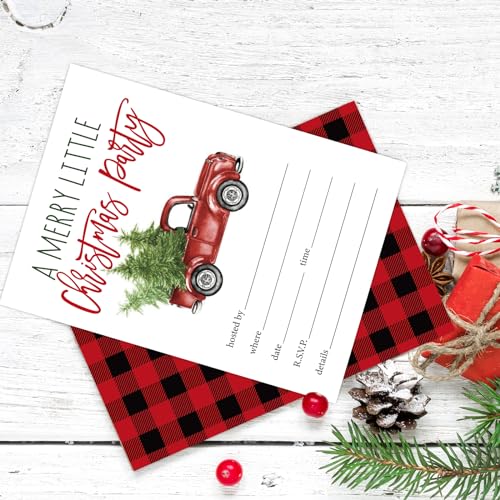 Christmas Invitation Cards Watercolor Red Truck Set with Envelopes