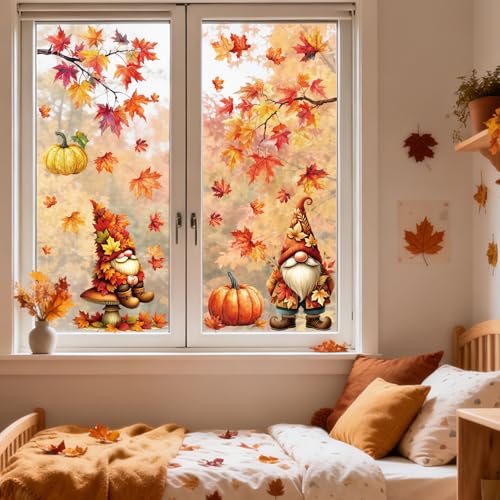 Fall Window Clings with Gnomes & Leaves - 9 Sheets Autumn Decor