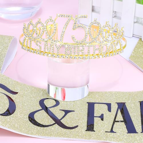 75th Birthday Decorations Set for Women: Gold Tiara and 75 & Fabulous Sash