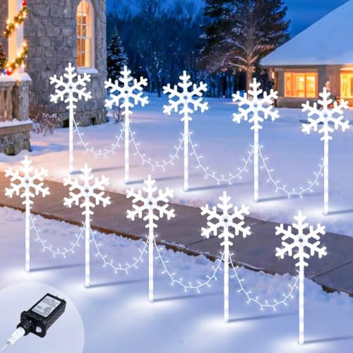 White Snowflake Pathway Lights 10 Pack Outdoor Waterproof Xmas Garden Decor
