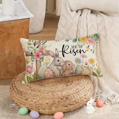 Easter Bunny Pillow Cover 12x20 | He is Risen Cross Design