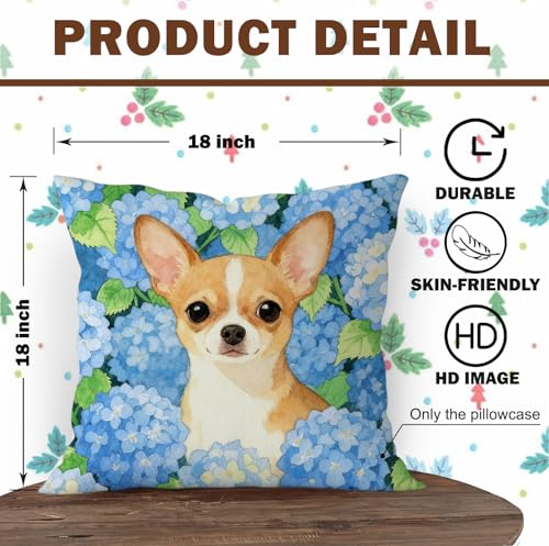 Blue Hydrangea Chihuahua Pillow Cover 18x18 - Soft Flannel