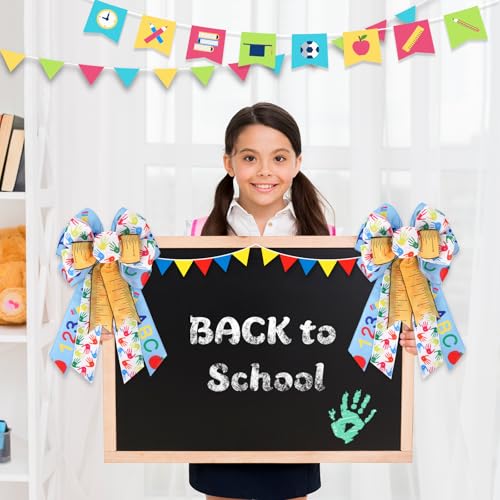 Back to School Wreath Bow - Blue and White Burlap Decorative School Party Decor