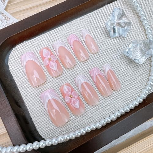 PSBRBAD Long Square French Press on Nails with 3D Flower and Pearl