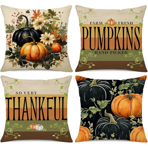 NIGHTWISH Fall Pillow Covers Set of 4 - Pumpkin Vines Floral Decor