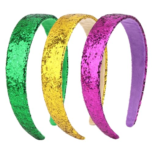 Uintoon Mardi Gras Glitter Headbands for Girls 3 Pack Sparkly Hair Bands