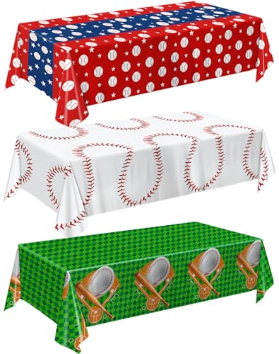 Baseball Party Tablecloths - 3-Pack Disposable Plastic Covers 54 x 108 Inch