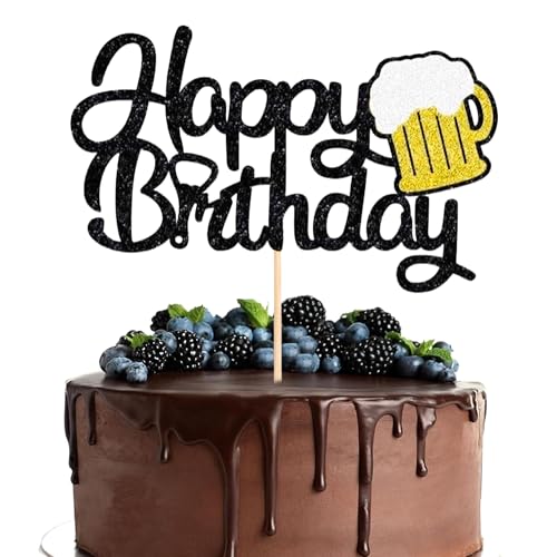 Beer Birthday Cake Topper - Black Glitter Decoration for Parties