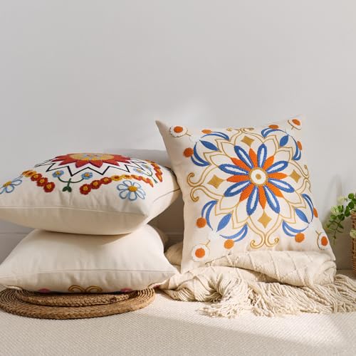 Embroidered Floral Throw Pillow Cover 22x22 - Orange & Blue