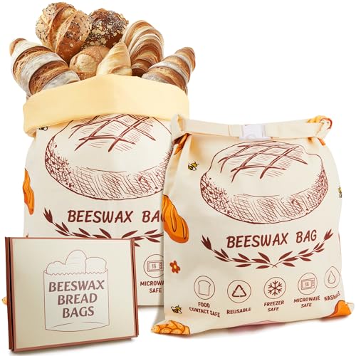 Beeswax Food Storage Bags - Reusable Cotton Bread Bags for Sourdough, 17x13 inches, 2 Pack