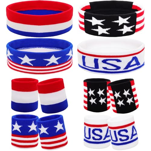 4 Sets American Flag Sports Headband and Wristband Striped Sweatband Headband and Wristband Set 4th of July Sports Sweatbands for Running, Basketball, Exercise