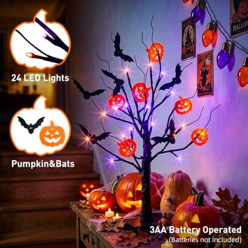 EAMBRITE 22-Inch Halloween Tree with LED Lights and Bat & Pumpkin Ornaments