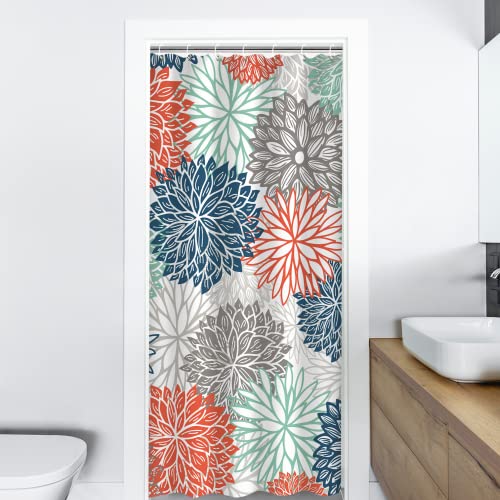 RosieLily Dahlia Floral Shower Curtain, Teal and Gray Water-Repellent Fabric