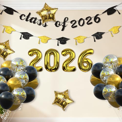 Class of 2026 Graduation Decorations Set - Black and Gold Theme