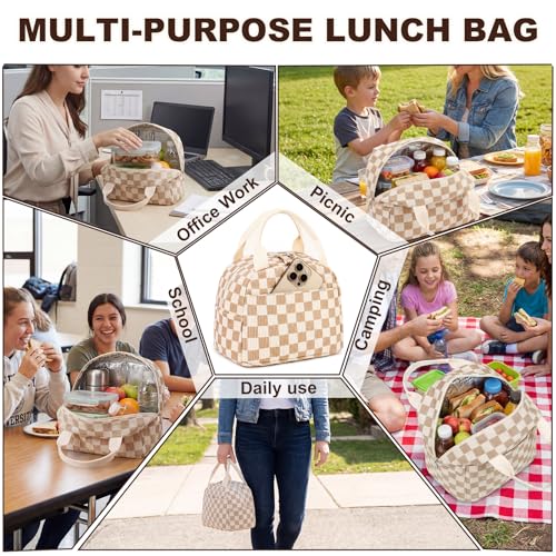 LEDAOU Insulated Corduroy Lunch Bag - Brown Checkered Small Lunch Tote