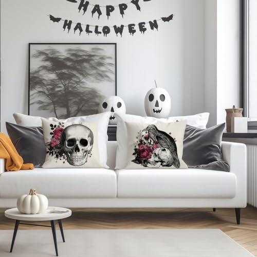 Halloween Skull & Raven Throw Pillow Covers 18x18 Inch, Set of 2
