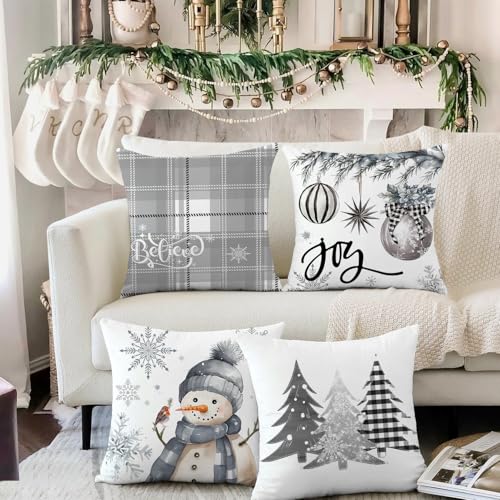 Artmag Christmas Pillow Covers Set of 4 - 16x16 Inch Snowman & Tree Designs