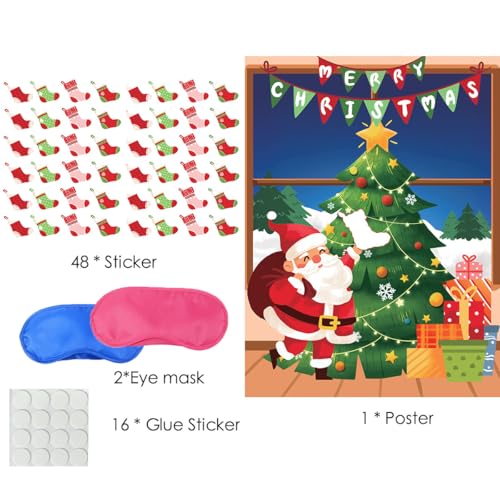 Pin the Christmas Stockings on the Tree Game with Stickers & Blindfolds