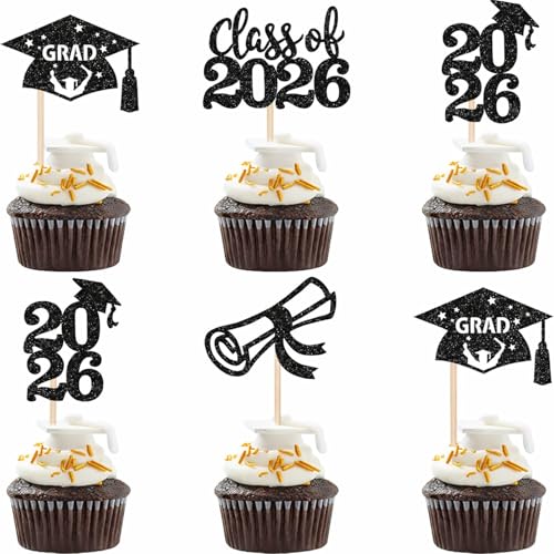 36 PCS Class of 2026 Graduation Cupcake Toppers - Black Glitter