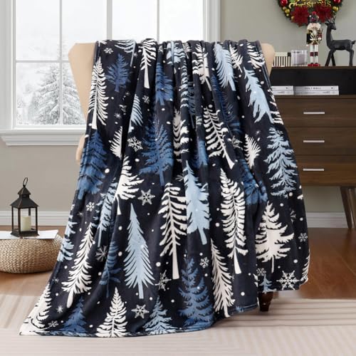 Dark Blue Christmas Throw Blanket Snowflake Tree Fleece 50x60 Inches - Cozy Holiday Gift
