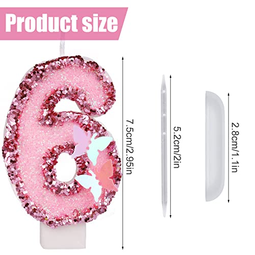 Pink Glitter Number 6 Birthday Candle with Butterfly and Sequins Cake Topper