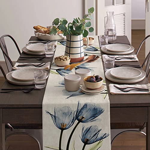 Tulip Blue Floral Table Runner 13x72 Inch Linen Blend for Spring Summer Decor - Variation of THIS listing
