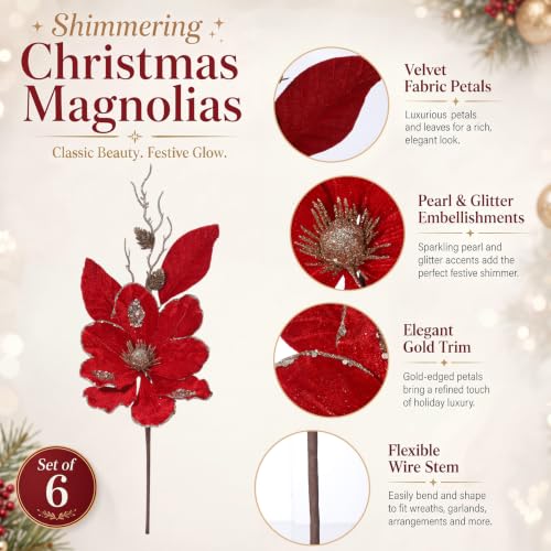 Christmas Magnolia Flower Picks Burgundy 6 Pcs 19-Inch Holiday Decor