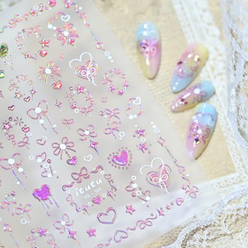5D Embossed Pink Nail Stickers Self-Adhesive Heart Bow Nail Art Decals