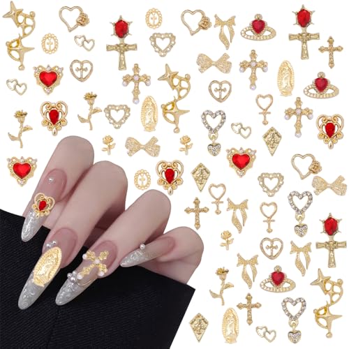 Bratrico 40PCS Gold Nail Charms Set Y2K Baroque 3D Gems with Red Rhinestones