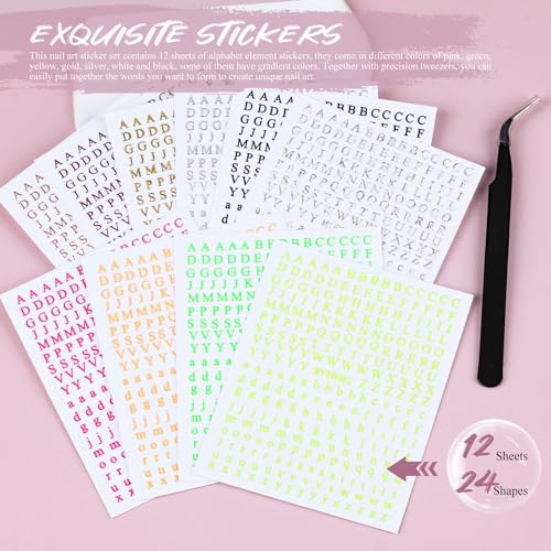 Kikonoke 12 Sheets Alphabet Nail Art Stickers Self-Adhesive Letter Decals