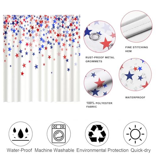 Patriotic 4th of July Shower Curtain 72x72 Inch - Red, White & Blue Stars