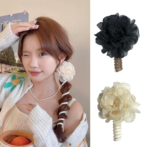 Takemay Flower Telephone Wire Hair Ties 2Pcs - Beige & Black Spiral Bands